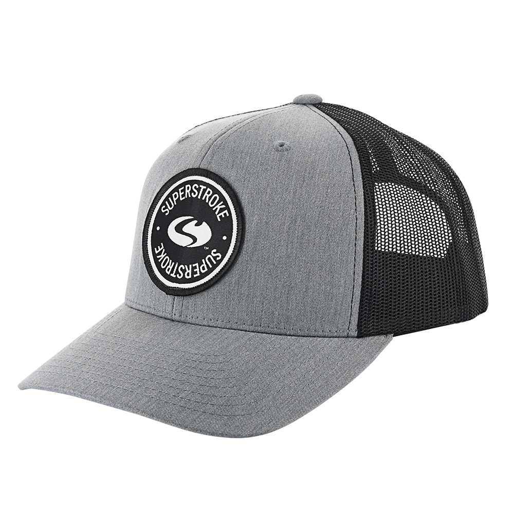 black and gray trucker hat with superstroke logo
