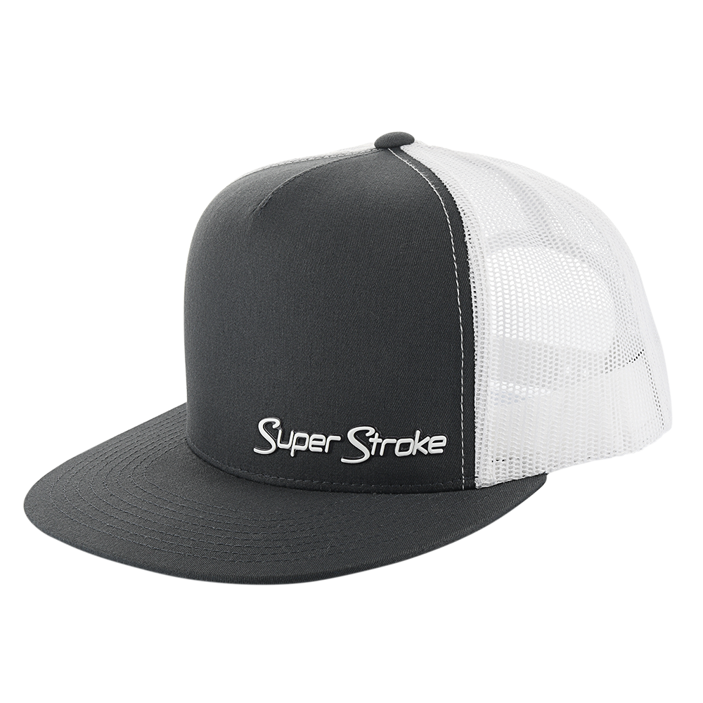 black and white trucker hat with superstroke logo